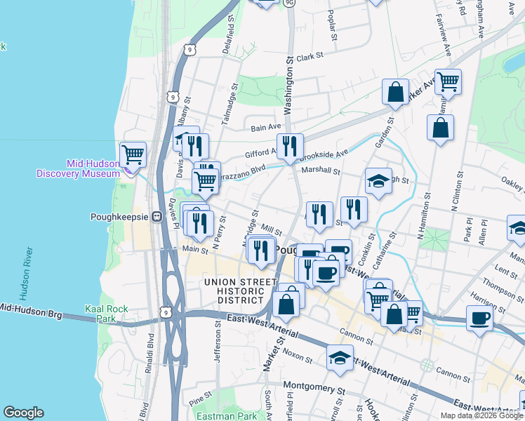 map of restaurants, bars, coffee shops, grocery stores, and more near 9 Mansion Street in Poughkeepsie