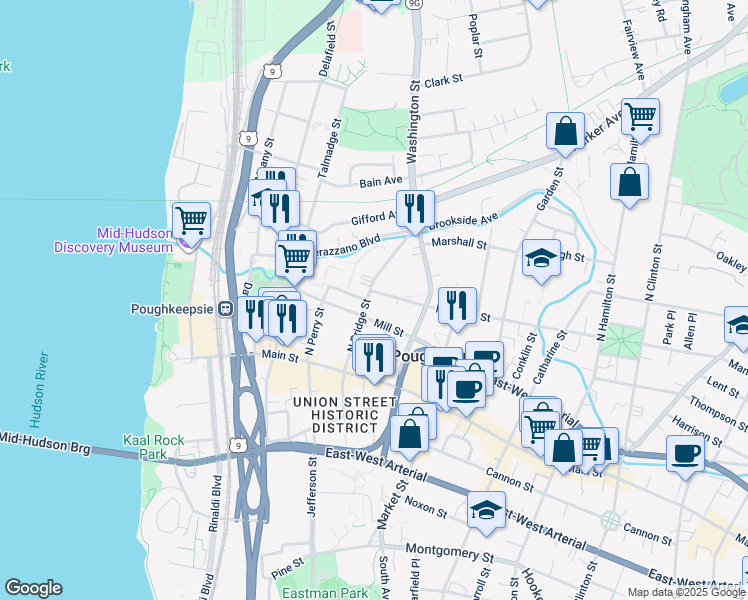 map of restaurants, bars, coffee shops, grocery stores, and more near 4 Charles Street in Poughkeepsie