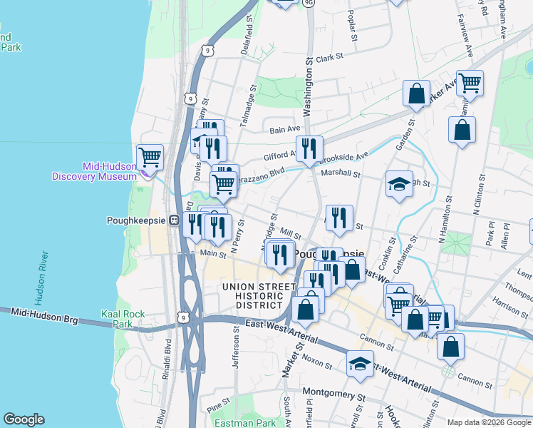 map of restaurants, bars, coffee shops, grocery stores, and more near 4 Charles Street in Poughkeepsie