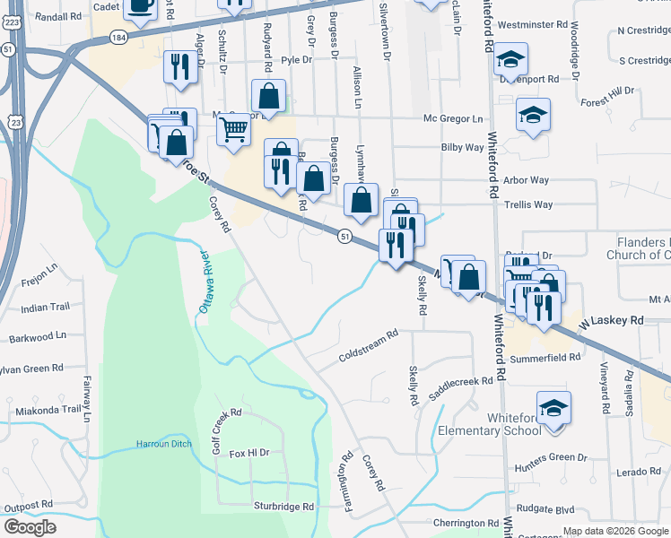 map of restaurants, bars, coffee shops, grocery stores, and more near 5635 Monroe Street in Sylvania