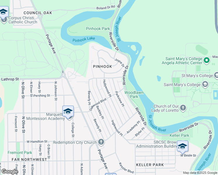 map of restaurants, bars, coffee shops, grocery stores, and more near 2229 Parkview Place in South Bend