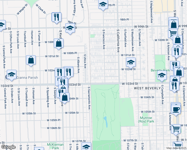 map of restaurants, bars, coffee shops, grocery stores, and more near 2950 West 102nd Place in Evergreen Park