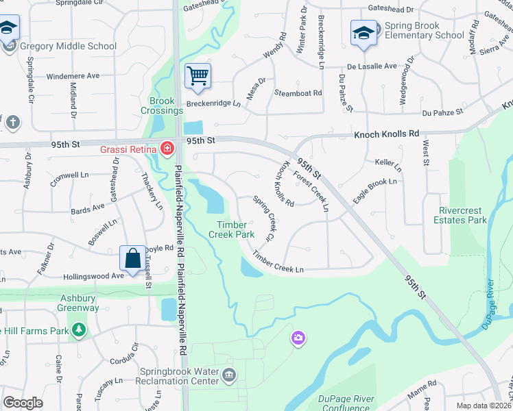 map of restaurants, bars, coffee shops, grocery stores, and more near 812 Spring Creek Circle in Naperville