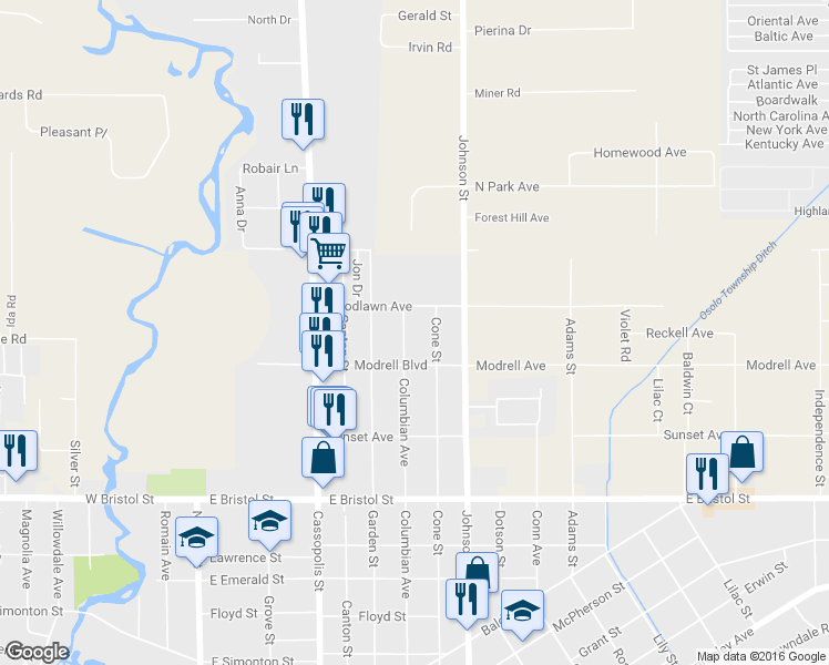 map of restaurants, bars, coffee shops, grocery stores, and more near 1726 Columbian Avenue in Elkhart