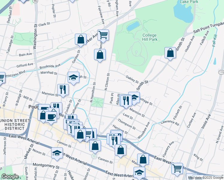 map of restaurants, bars, coffee shops, grocery stores, and more near 36 Cottage Street in Poughkeepsie