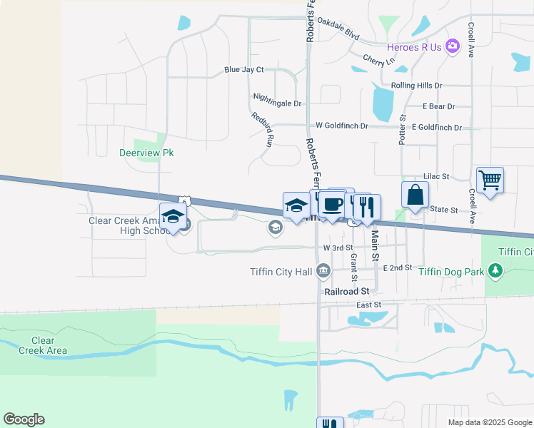 map of restaurants, bars, coffee shops, grocery stores, and more near 311 West Marengo Road in Tiffin