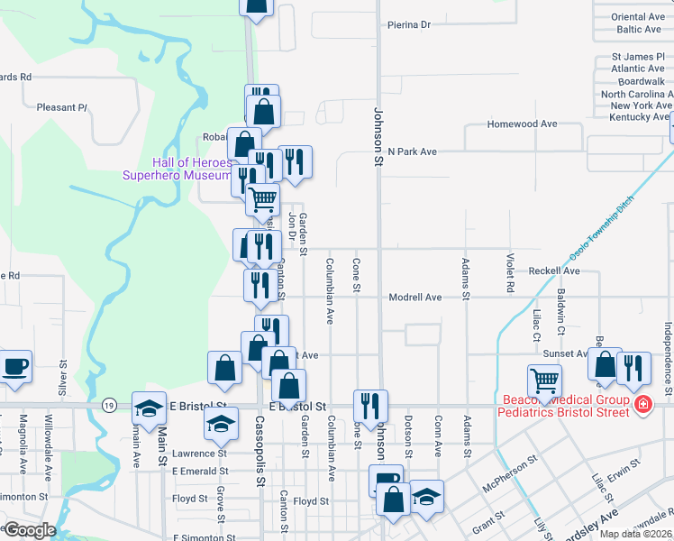 map of restaurants, bars, coffee shops, grocery stores, and more near 1726 Columbian Avenue in Elkhart