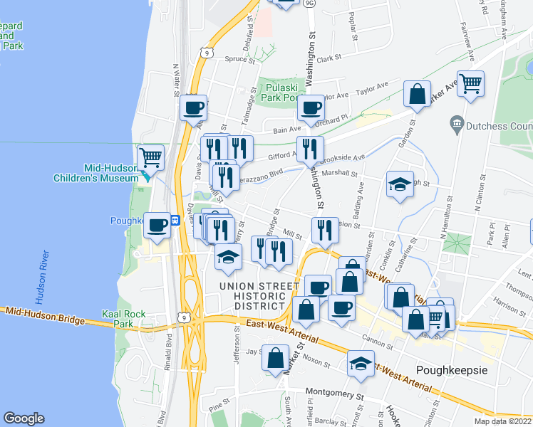 map of restaurants, bars, coffee shops, grocery stores, and more near 4 Charles Street in Poughkeepsie