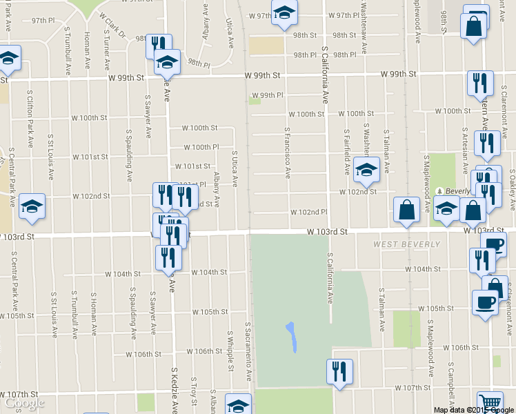 map of restaurants, bars, coffee shops, grocery stores, and more near 2950 West 102nd Place in Evergreen Park