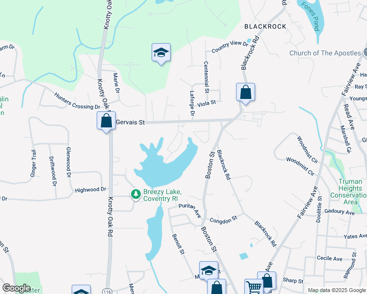 map of restaurants, bars, coffee shops, grocery stores, and more near 45 Breezy Lake Drive in Coventry
