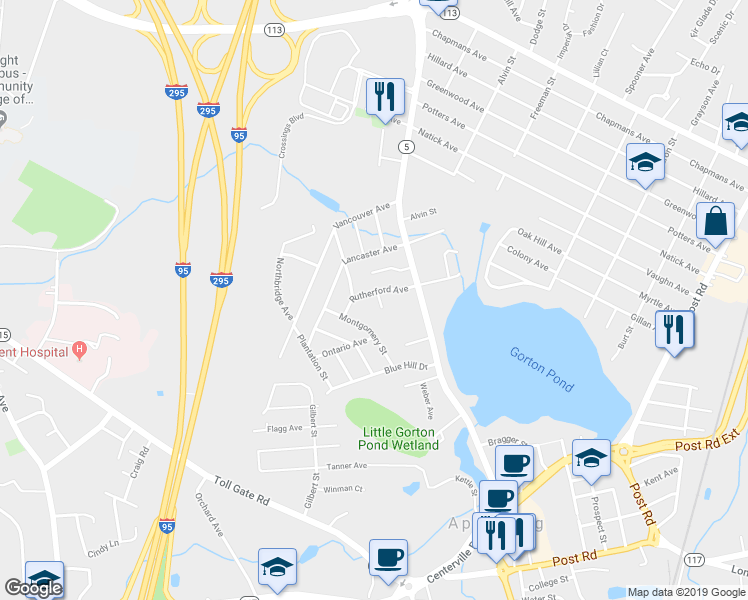 map of restaurants, bars, coffee shops, grocery stores, and more near 7 Rutherford Court in Warwick