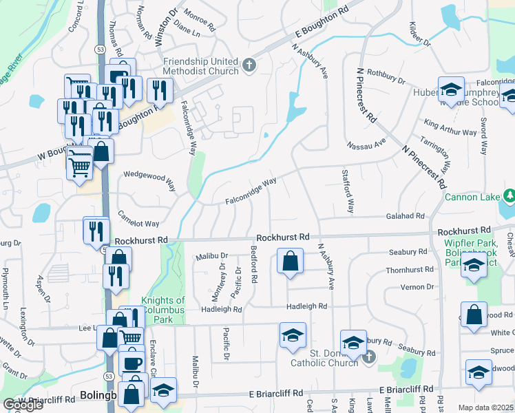 map of restaurants, bars, coffee shops, grocery stores, and more near 324 Bedford Road in Bolingbrook