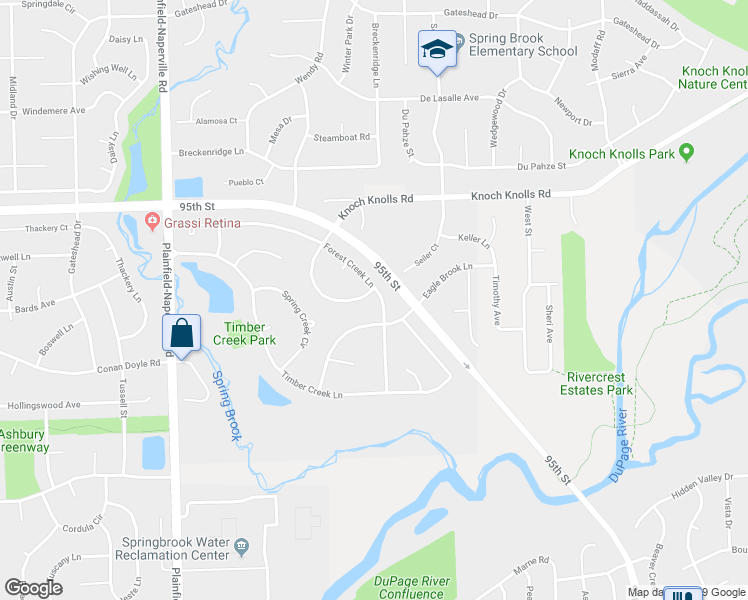 map of restaurants, bars, coffee shops, grocery stores, and more near 2812 Forest Creek Lane in Naperville