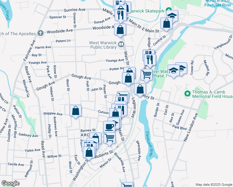 map of restaurants, bars, coffee shops, grocery stores, and more near 31 Gardner Avenue in West Warwick