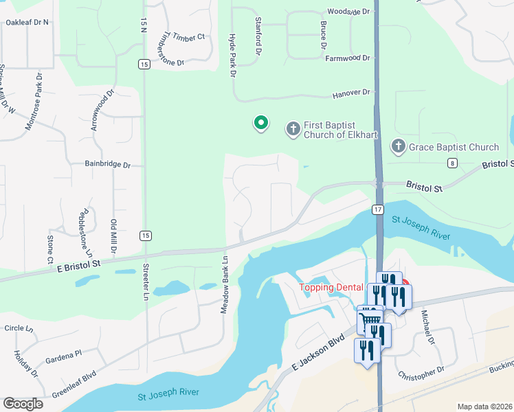 map of restaurants, bars, coffee shops, grocery stores, and more near 54180 Stonebridge Dr in Elkhart