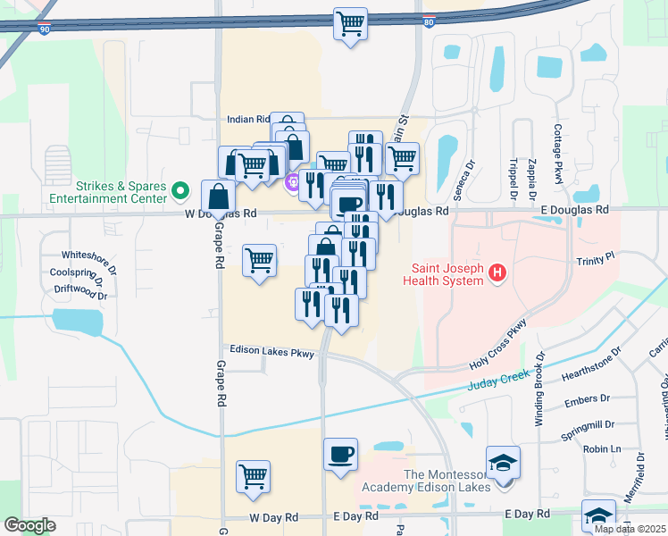 map of restaurants, bars, coffee shops, grocery stores, and more near 5225 North Main Street in Mishawaka