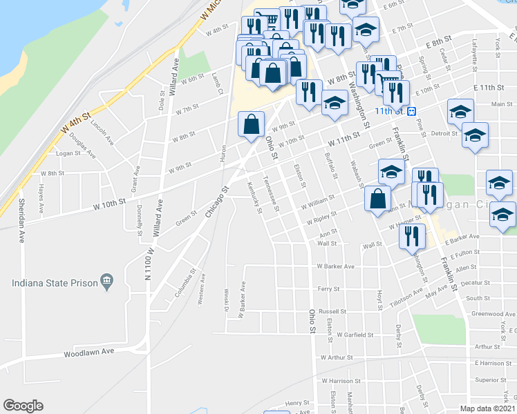 map of restaurants, bars, coffee shops, grocery stores, and more near 898 West Warren Street in Michigan City