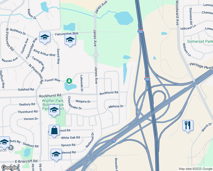 map of restaurants, bars, coffee shops, grocery stores, and more near 363 Homewood Drive in Bolingbrook