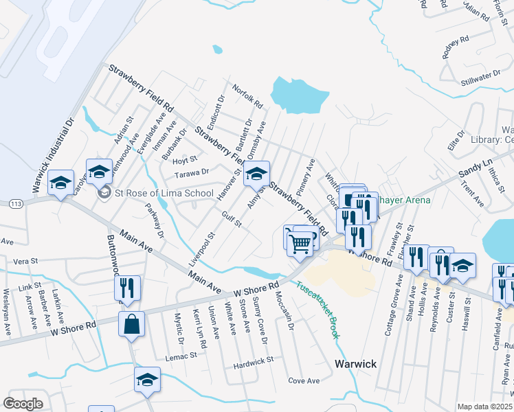 map of restaurants, bars, coffee shops, grocery stores, and more near 30 Almy Street in Warwick