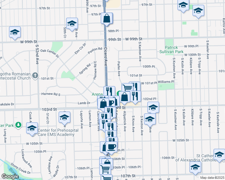 map of restaurants, bars, coffee shops, grocery stores, and more near 10201 South Cicero Avenue in Oak Lawn