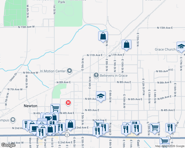 map of restaurants, bars, coffee shops, grocery stores, and more near 830 E 6th Street North in Newton