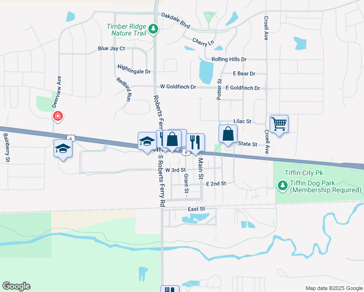 map of restaurants, bars, coffee shops, grocery stores, and more near 200 West Marengo Road in Tiffin