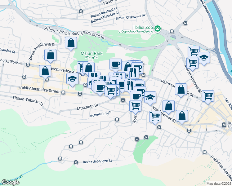 map of restaurants, bars, coffee shops, grocery stores, and more near Mrgvali Baghi Square in Tbilisi