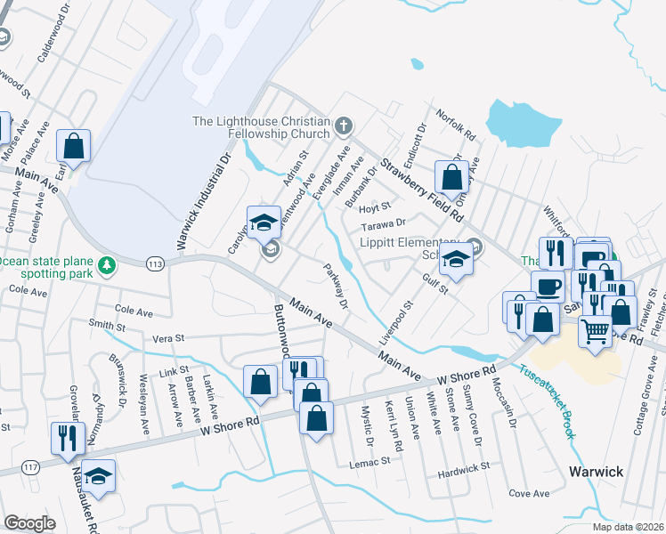 map of restaurants, bars, coffee shops, grocery stores, and more near 91 Parkway Drive in Warwick