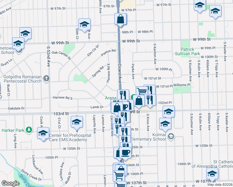 map of restaurants, bars, coffee shops, grocery stores, and more near 4809 102nd Street in Oak Lawn