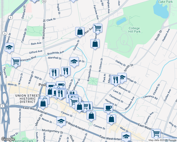 map of restaurants, bars, coffee shops, grocery stores, and more near 82 North Hamilton Street in Poughkeepsie