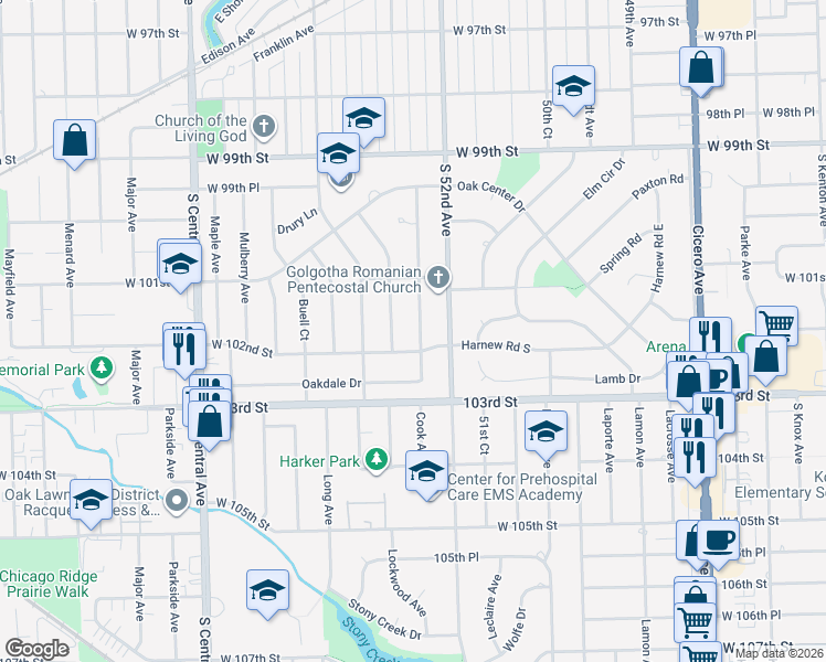 map of restaurants, bars, coffee shops, grocery stores, and more near 10140 Cook Avenue in Oak Lawn