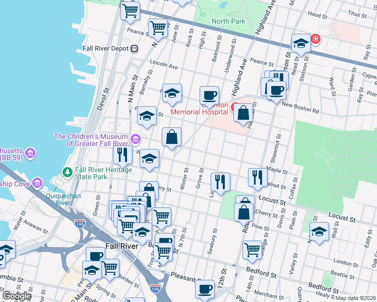 map of restaurants, bars, coffee shops, grocery stores, and more near 499 Maple Street in Fall River