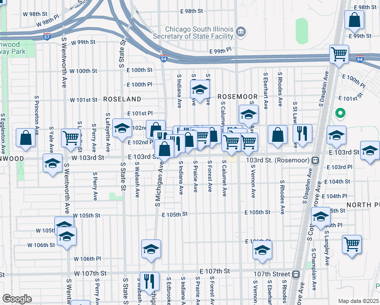 map of restaurants, bars, coffee shops, grocery stores, and more near 224 East 103rd Street in Chicago