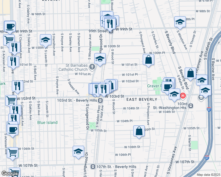 map of restaurants, bars, coffee shops, grocery stores, and more near 10224 South Wood Street in Chicago