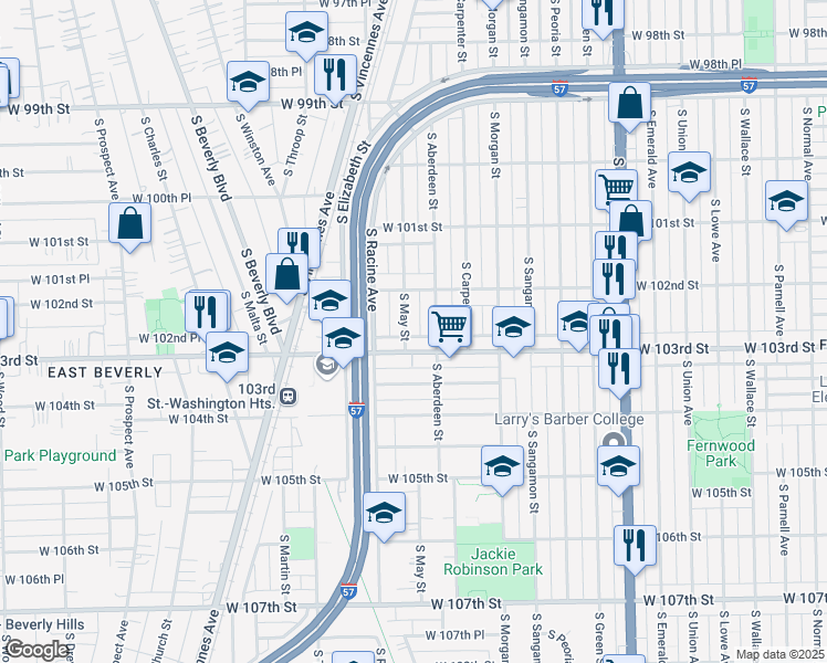 map of restaurants, bars, coffee shops, grocery stores, and more near 10239 South May Street in Chicago