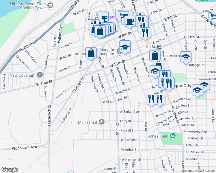 map of restaurants, bars, coffee shops, grocery stores, and more near 1311 Ohio Street in Michigan City