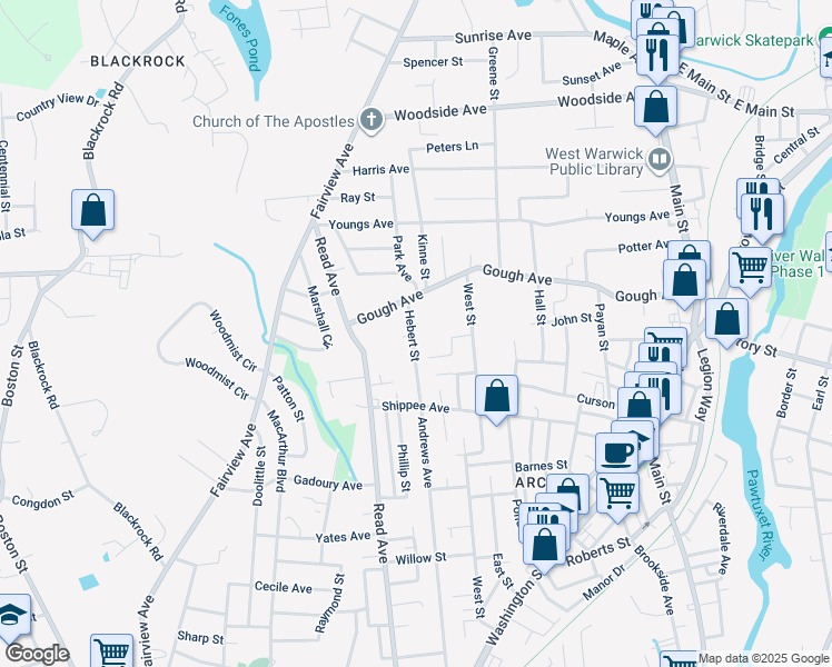 map of restaurants, bars, coffee shops, grocery stores, and more near 35 Hebert Street in West Warwick
