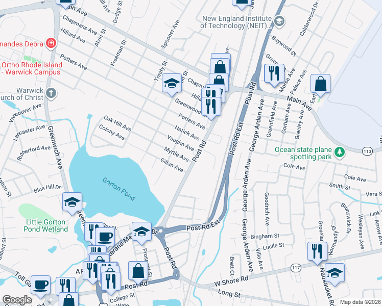map of restaurants, bars, coffee shops, grocery stores, and more near 2845 Post Road in Warwick