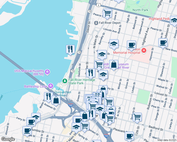 map of restaurants, bars, coffee shops, grocery stores, and more near 169 Walnut Street in Fall River