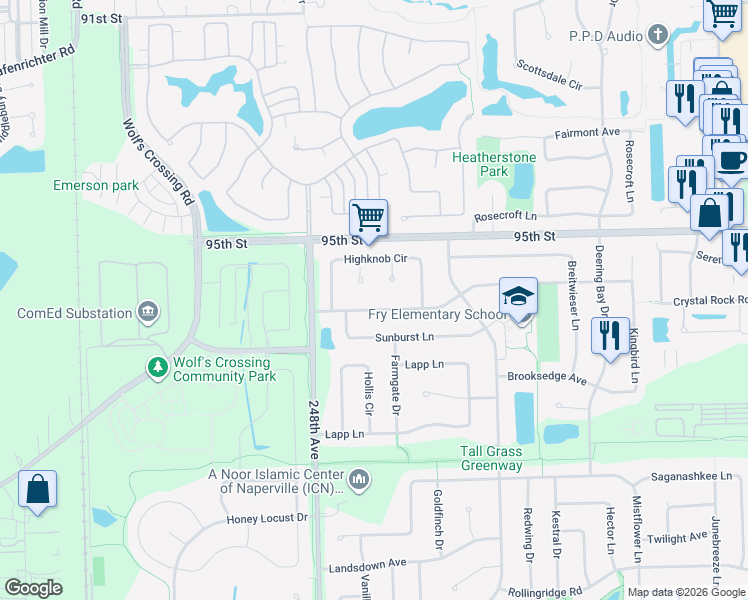 map of restaurants, bars, coffee shops, grocery stores, and more near 3831 Grassmere Road in Naperville