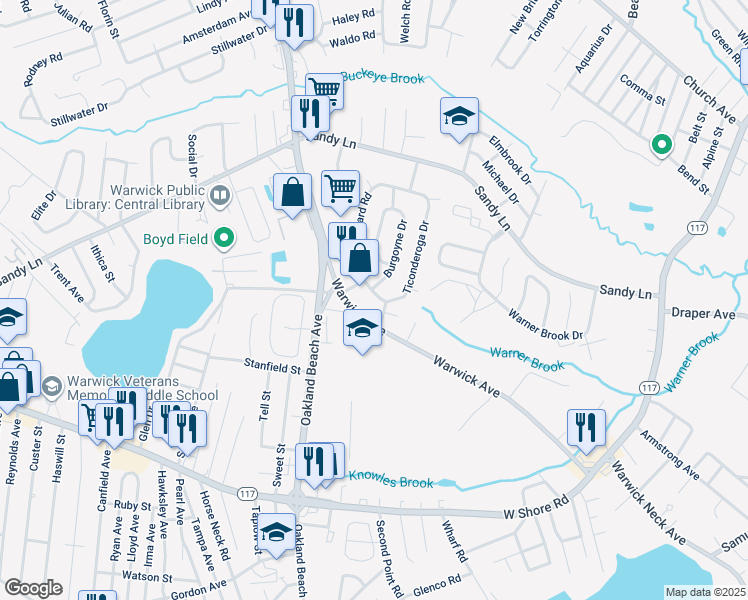 map of restaurants, bars, coffee shops, grocery stores, and more near 311 Vineyard Road in Warwick