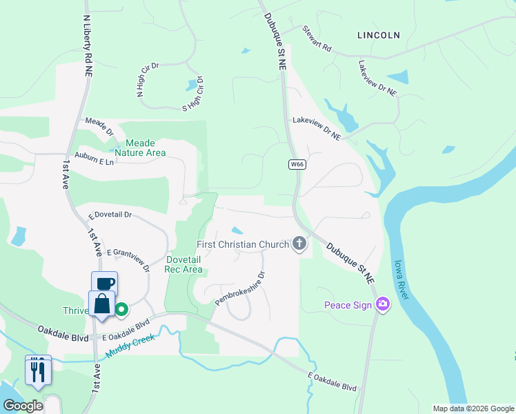 map of restaurants, bars, coffee shops, grocery stores, and more near 685 Breconshire Lane in Coralville