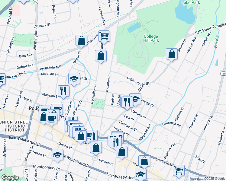 map of restaurants, bars, coffee shops, grocery stores, and more near 36 Cottage St in Poughkeepsie