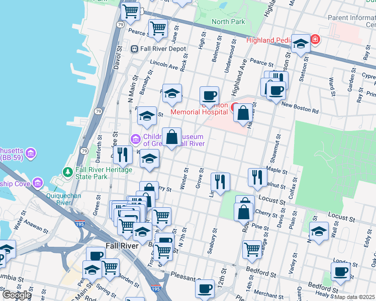 map of restaurants, bars, coffee shops, grocery stores, and more near 499 Maple Street in Fall River