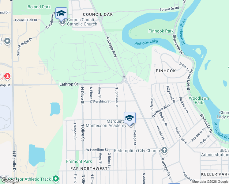 map of restaurants, bars, coffee shops, grocery stores, and more near 2235 North Johnson Street in South Bend