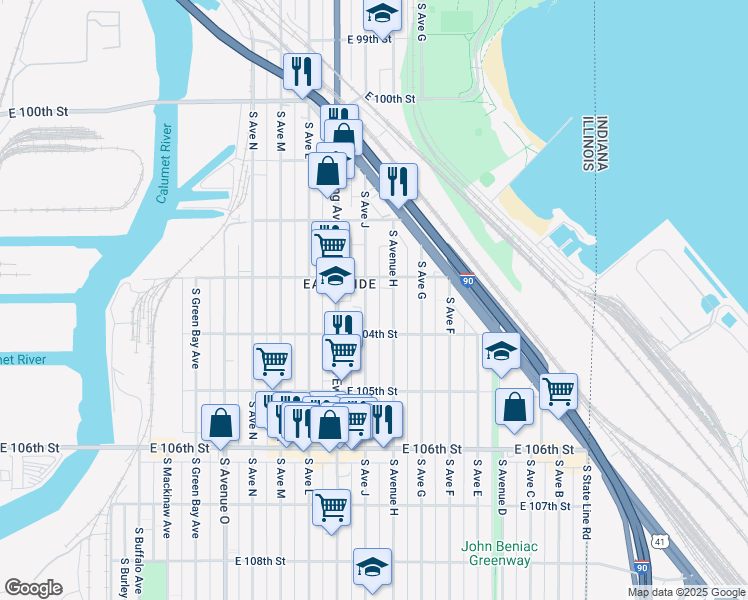 map of restaurants, bars, coffee shops, grocery stores, and more near 10325 South Avenue J in Chicago