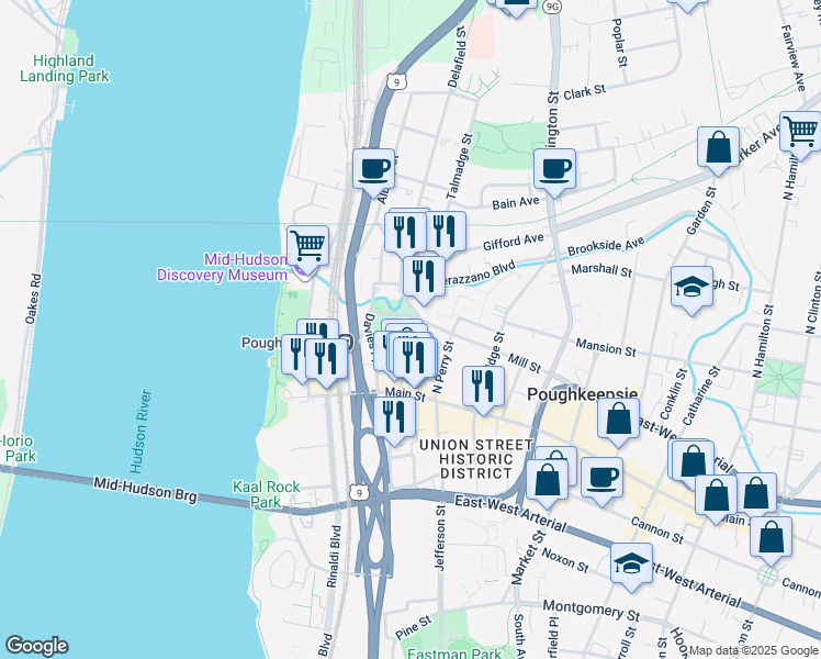 map of restaurants, bars, coffee shops, grocery stores, and more near 40 North Clover Street in Poughkeepsie