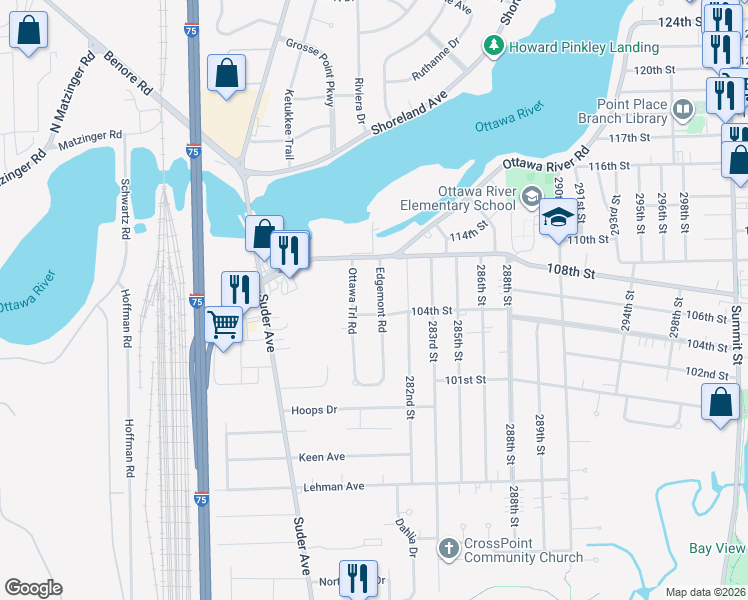 map of restaurants, bars, coffee shops, grocery stores, and more near 4715 Edgemont Road in Toledo