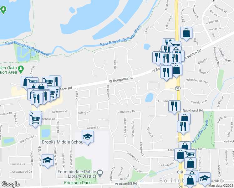 map of restaurants, bars, coffee shops, grocery stores, and more near 337 Kirkwood Circle in Bolingbrook