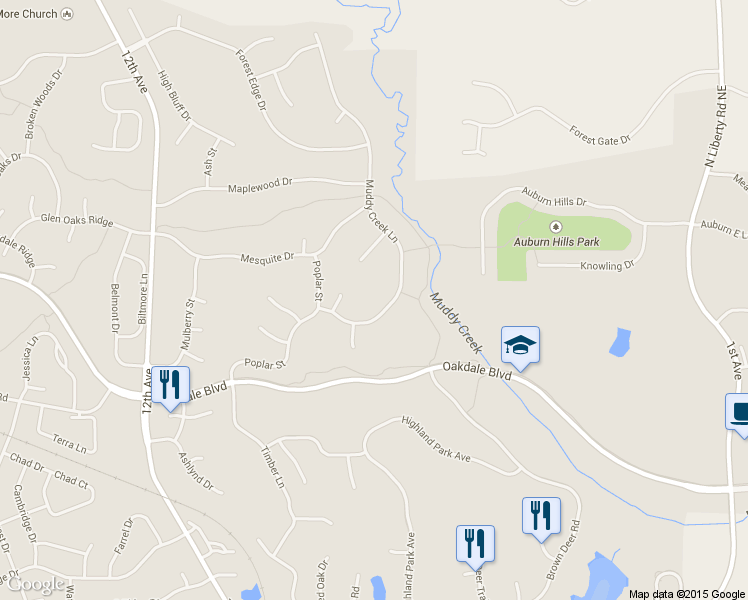 map of restaurants, bars, coffee shops, grocery stores, and more near 2410 Muddy Creek Lane in Coralville